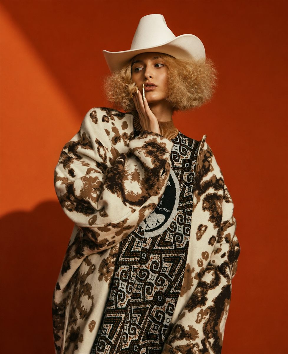 Model in an oversized cream and brown animal-print knit coat and a wide-brim hat